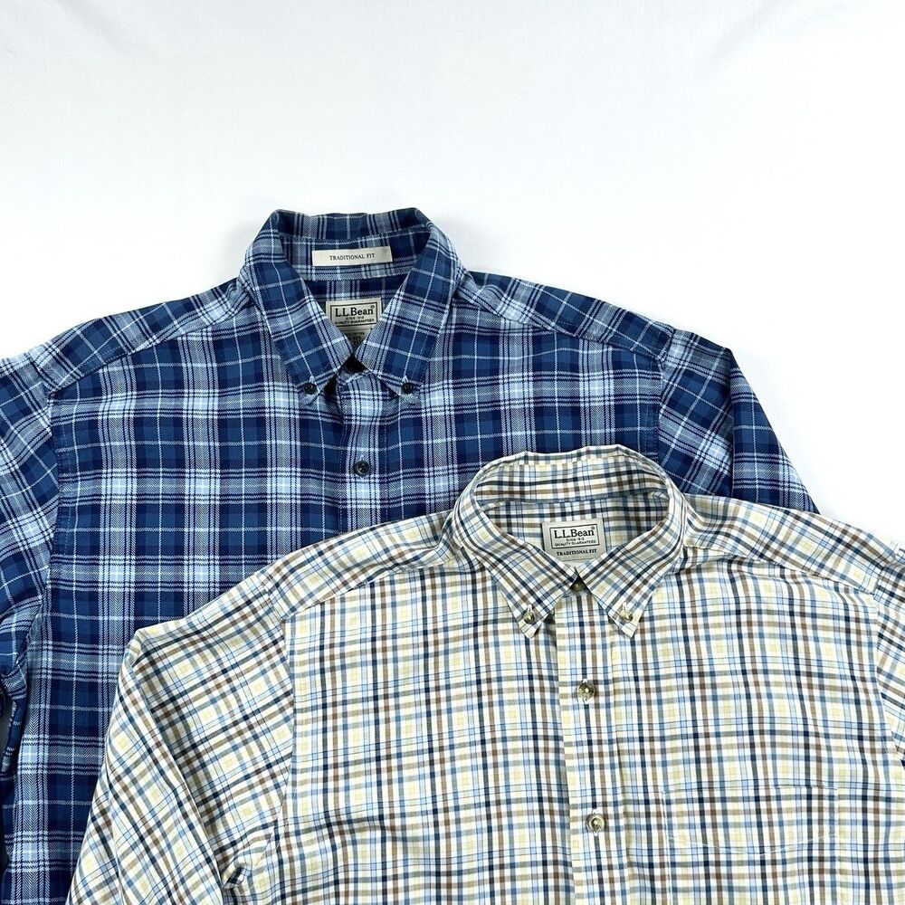 LL Bean Traditional Fit Button Down Shirts Mens Medium Plaid Cotton Lot of 2